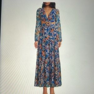 NWT GIANNI BINI LONG FLORAL PRINT LONG SLEEVE DEEP V NECK CUT OUT TIERED DRESS